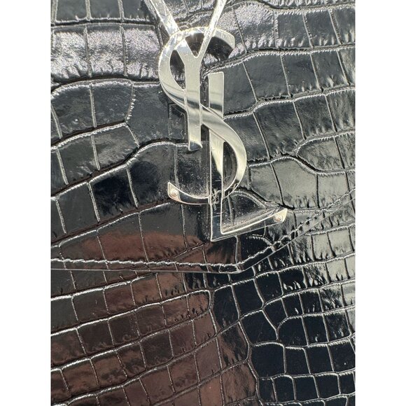 Saint Laurent YSL Black Uptown Pouch In Crocodile Embossed Shiny Leather - Picture 3 of 9